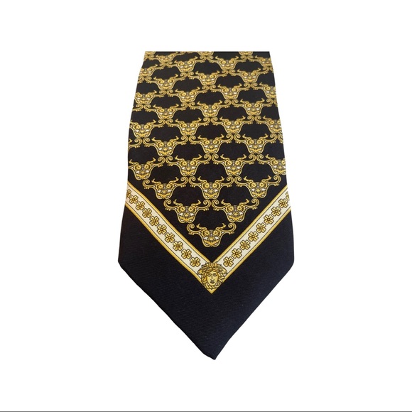 Versace Silk Tie Vintage Medusa Pattern Black/Gold - Picture 2 of 3